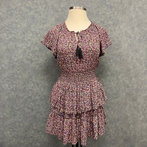 Patrons of Peace Ditsy Floral‎ Mini Dress Smocked Ruffle Tiered Bohemian Dress L
